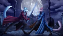  3d_(artwork) anthro capcom clothing costume crossed_swords dante demon devil_may_cry devil_may_cry_3 digital_media_(artwork) dmc dmc3 domestic_cat duo felid feline felis fight hi_res male mammal melee_weapon moon night smile sunny_way sword swordfight tower vergil weapon 