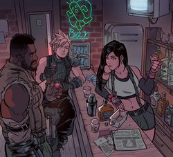  2boys alcohol bar_(place) barret_wallace bartender beer black_hair blonde_hair bottle brown_hair card cloud_strife cocktail_shaker crop_top cup dark_skin drinking_glass elbow_gloves facial_hair female final_fantasy final_fantasy_vii final_fantasy_vii_remake fingerless_gloves gabriel_picolo gloves highres indoors jewelry long_hair midriff multiple_boys navel neon_lights newspaper playing_card refrigerator sabotender shirt short_hair sitting sleeveless stool suspenders tank_top television tifa_lockhart whiskey wine 