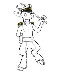  2013 anthro antlers bow_tie captain_hat clothed clothing deer digital_media_(artwork) featureless_chest full-length_portrait fur holding_melee_weapon holding_object holding_sword holding_weapon hooves horn male mammal melee_weapon portrait scruffythedeer simple_background smile solo sword weapon 