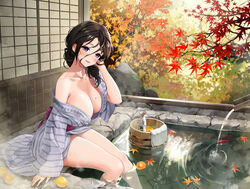  absurdres alcohol ashiyu autumn autumn_leaves bath bathing black_hair blush breasts bucket cleavage collarbone commentary_request day falling_leaves female food foot_bath fruit hair_between_eyes hand_in_own_hair highres japanese_clothes kimono large_breasts leaf long_sleeves looking_at_viewer maple_leaf messy_hair mole mole_on_breast nature no_bra no_panties obi onsen open_clothes open_mouth orange_(fruit) original outdoors print_kimono purple_eyes rock sake sash sitting smile soaking_feet solo steam thighs tokkuri towel tree water wellsy wet wide_sleeves wooden_bucket 