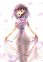  :d absurdres dress fate/stay_night fate_(series) female floating_hair from_behind hair_ribbon highres long_dress long_hair looking_at_viewer looking_back matou_sakura official_alternate_costume open_mouth purple_eyes purple_hair red_ribbon ribbon see-through_silhouette short_sleeves skirt_hold smile solo sundress tsugu0302 white_background white_dress 