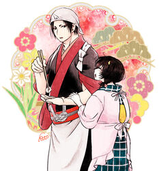  1boy apron black_hair chopsticks closed_eyes commentary_request couple e-0057 female food height_difference hoozuki_(hoozuki_no_reitetsu) hoozuki_no_reitetsu horns japanese_clothes looking_down oni_horns peach_maki short_hair straight tasting 