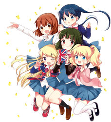  5girls :d ;d alice_cartelet black_footwear black_hair black_jacket black_socks blazer blonde_hair blue_eyes blue_hair blue_jacket blue_skirt blunt_bangs blush bob_cut book bow bowtie brown_eyes brown_footwear brown_hair collared_shirt commentary_request confetti flag_print hair_ornament hair_stick hara_yui holding holding_book holding_hands index_finger_raised inokuma_youko jacket jumping kin-iro_mosaic komichi_aya kujou_karen loafers lone_nape_hair long_hair long_sleeves looking_at_viewer mary_janes miniskirt multiple_girls neck_ribbon oerba_yun_fang one_eye_closed oomiya_shinobu open_mouth pink_bow pink_bowtie print_jacket purple_eyes red_footwear ribbon shirt shoes short_hair skirt smile sneakers socks striped_bow striped_bowtie striped_clothes thighhighs twintails union_jack white_legwear white_shirt x_hair_ornament 