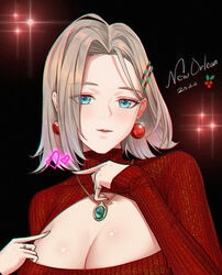  azur_lane bad_id bad_pixiv_id blue_eyes breasts character_name chinese_commentary cleavage cleavage_cutout clothing_cutout commentary_request dated earrings female golden_miocola hair_ornament hairclip heart highres jewelry large_breasts light_blush light_brown_hair looking_at_viewer necklace new_orleans_(azur_lane) red_sweater ribbed_sweater short_hair solo sweater 