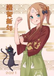  2021 :q abigail_williams_(fate) alternate_costume alternate_hairstyle animal aqua_eyes black_bow black_cat blush bow bras_d&#039;honneur brown_bow brown_hair brown_kimono clenched_hand closed_mouth commentary_request crossed_bandaids egasumi fate/grand_order fate_(series) feline female forehead green_hakama hairbow hakama hakama_skirt hand_up japanese_clothes kimono kopaka_(karda_nui) long_sleeves looking_at_viewer parted_bangs polka_dot polka_dot_bow ponytail seigaiha sidelocks skirt smile solo tongue tongue_out translated wide_sleeves 