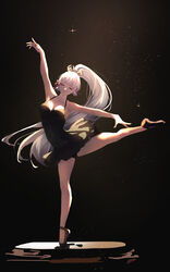  absurdres arabesque_(pose) arm_up ballerina ballet ballet_slippers black_dress black_leotard blunt_bangs breasts closed_eyes closed_mouth covered_navel dress en_pointe female floating_hair genshin_impact hair_ornament hair_ribbon highres kamisato_ayaka kong_ting legs leotard leotard_peek leotard_under_clothes light_particles long_hair medium_breasts outstretched_arms ponytail ribbon shoes short_dress sidelocks solo standing standing_on_one_leg thighs tress_ribbon tutu very_long_hair 