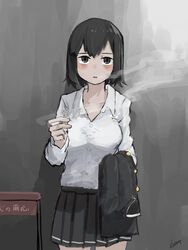  4me_4ma akitsu_maru_(kancolle) akitsu_maru_kai_(kancolle) bags_under_eyes black_eyes black_hair black_skirt breasts check_commentary cigarette commentary commentary_request female gakuran grey_background highres holding holding_cigarette holding_clothes holding_jacket jacket kantai_collection long_sleeves medium_breasts pleated_skirt school_uniform shirt short_hair signature simple_background skirt smoke smoking solo translated unworn_jacket white_shirt 