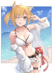  ;) ;q ahoge animal_ear_fluff animal_ears arknights bare_shoulders beach bikini bikini_skirt blonde_hair blue_sky blush breasts cleavage cloud collarbone commentary cowboy_shot day female futasan hand_up highres large_breasts long_sleeves looking_at_viewer microskirt navel ocean off_shoulder official_alternate_costume one_eye_closed open_clothes open_shirt outdoors shirt short_hair skirt sky smile solo sora_(arknights) sora_(summer_flowers)_(arknights) standing stomach swimsuit thigh_strap thighs tongue tongue_out twintails v water white_bikini white_shirt white_skirt wolf_ears yellow_eyes 