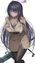  alternate_costume black_hair black_pantyhose blue_archive blush boys_anti_tank_rifle breasts brown_coat cleavage closed_mouth coat collarbone commentary dark-skinned_female dark_skin ear_piercing female halo highres karin_(blue_archive) large_breasts long_hair long_sleeves looking_at_viewer office_lady pantyhose piercing shougun_(chuckni1) simple_background solo thighs weapon white_background yellow_eyes 