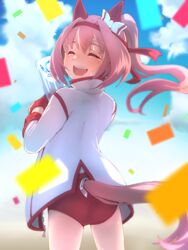  :d animal_ears blue_sky bow buruma closed_eyes cloud commentary_request confetti cowboy_shot ear_bow ear_covers facing_back facing_viewer female from_behind gloves happy happy_tears haru_urara_(umamusume) headband highres holding holding_trophy horse_ears horse_girl horse_tail jacket long_hair long_sleeves open_mouth pink_hair ponytail red_buruma red_gloves red_headband sky smile solo tail tail_through_clothes tears thin_(suzuneya) trophy umamusume white_bow white_jacket zipper 