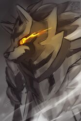  absurd_res anthro armor artist_name canid clothed clothing crowned_shield_zamazenta generation_8_pokemon hi_res kuttoyaki legendary_pokemon looking_at_viewer male mammal nintendo orange_eyes orange_sclera pokemon pokemon_(species) simple_background solo spot_color yellow_eyes zamazenta 