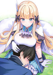  1boy ascot black_bow black_hair blonde_hair blue_dress blue_eyes blush bow breast_rest breasts breasts_on_head brooch cape closed_eyes commentary_request dress elf female gloves hairbow highres jewelry konka lap_pillow large_breasts long_hair pointy_ears princess_connect! saren_(princess_connect!) short_hair sidelocks sleeping smile white_cape white_gloves yuuki_(princess_connect!) 