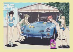  4girls absurdres alternate_costume barefoot bikini bikini_top_only black_hairband black_ribbon blonde_hair blue_car blue_one-piece_swimsuit blue_sky bottle breasts brown_bikini brown_hair car car_wash_(place) casual_one-piece_swimsuit cloud commentary_request day denim denim_shorts full_body garage grey_eyes hair_flaps hair_ornament hair_ribbon hairband hairclip hatsuzuki_(kancolle) highres holding holding_hose holding_sponge hose kanno_wagon kantai_collection large_breasts long_hair mismatched_bikini motor_vehicle multiple_girls one-piece_swimsuit outdoors red_eyes ribbon sandals sazanami_(kancolle) shimakaze_(kancolle) short_hair short_shorts shorts sign sky sponge swimsuit table toeless_footwear two_side_up umbrella vehicle_focus volkswagen volkswagen_karmann_ghia washing_vehicle white_bikini yellow_eyes yuudachi_(kancolle) yuudachi_kai_ni_(kancolle) 