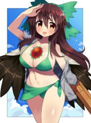  bikini bird_wings black_wings blush border bow breasts brown_eyes brown_hair cape cloud_background control_rod female green_bikini green_bow hairbow happy highres jacket large_breasts linea_alba long_hair navel off_shoulder reiuji_utsuho sakaki_(utigi) sarong solo stomach swimsuit third_eye third_eye_on_chest touhou track_jacket white_cape wings 