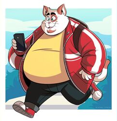  2022 anthro backpack belly big_belly bottomwear cellphone clothing domestic_cat electronics felid feline felis humanoid_hands john_vithor male mammal overweight overweight_male pants phone shirt smartphone solo topwear walking 