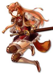  absurdres animal_ears boots brown_eyes brown_gloves brown_hair closed_mouth female floating_hair full_body gloves hair_tubes high-waist_skirt highres holding holding_sheath holding_sword holding_weapon long_hair long_sleeves looking_at_viewer miniskirt neck_ribbon raccoon_ears raccoon_girl raccoon_tail raphtalia red_ribbon ribbon sheath sheathed simple_background skirt smile solo sword tail tate_no_yuusha_no_nariagari thigh_boots thighhighs tsugu0302 very_long_hair weapon white_background zettai_ryouiki 