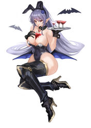  absurdres aokuma_(yuuran_create) black_gloves blue_hair boots breasts champagne_coupe commentary_request cup detached_collar drinking_glass elvira_(epic_seven) epic_seven female flower full_body gloves hair_flower hair_ornament hand_on_own_chest high_heel_boots high_heels highres holding holding_tray large_breasts leotard long_hair looking_at_viewer low_wings nontraditional_playboy_bunny pointy_ears red_eyes solo strapless strapless_leotard thigh_boots tongue tongue_out tray very_long_hair white_background wings 