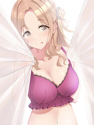  bare_shoulders blurry blush bra breasts brown_eyes brown_hair cleavage collarbone depth_of_field dot_nose female flower hair_bun hair_flower hair_ornament hands_up highres holding ichikawa_hinana idolmaster idolmaster_shiny_colors large_breasts long_hair looking_at_viewer midriff navel parted_bangs purple_bra simple_background single_hair_bun single_side_bun smile solo tongue tongue_out torikun transparent_curtains underwear upper_body white_background 