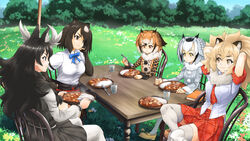  5girls :3 animal_ears antlers arms_behind_back bear_ears bear_girl big_hair bird_girl bird_wings blonde_hair blue_necktie blush brown_bear_(kemono_friends) brown_coat brown_eyes brown_gloves brown_scarf brown_skirt brown_sweater chair coat collarbone curry eating elbow_gloves eurasian_eagle_owl_(kemono_friends) extra_ears fingerless_gloves food gloves gradient_sweater grey_coat grey_hair grey_sweater hair_between_eyes head_wings highres horns kemono_friends kemono_friends_r light_brown_hair lion_(kemono_friends) lion_ears loafers long_hair long_sleeves midriff_peek moose_(kemono_friends) moose_antlers moose_ears moose_girl multicolored_hair multiple_girls naka_(nicovideo14185763) navel necktie northern_white-faced_owl_(kemono_friends) owl_ears owl_girl pantyhose plaid plaid_necktie plaid_skirt plaid_trim pleated_skirt red_necktie red_skirt red_trim scarf shirt shoes short_hair short_sleeves sidelocks sitting skirt smile spoon sweater t-shirt table thighhighs two-tone_hair white_hair white_pantyhose white_shirt white_thighhighs wings yellow_eyes yellow_footwear zettai_ryouiki 