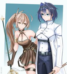  2girls absurdres arm_strap armlet belt_buckle bespectacled blue_eyes blue_hair buckle choker cosplay evil_smile feather_hair_ornament feathers glasses gloves hair_intakes hair_ornament highres hololive hololive_english land_(sousou_no_frieren) land_(sousou_no_frieren)_(cosplay) long_hair multicolored_hair multiple_girls nanashi_mumei o-ring o-ring_choker ouro_kronii robe short_hair side_ponytail single_glove smile sousou_no_frieren the_raineman thigh_strap ubel_(sousou_no_frieren) ubel_(sousou_no_frieren)_(cosplay) virtual_youtuber 