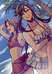  2girls absurdres aerith_gainsborough aerith_gainsborough_(pink_mermaid) beach bikini bikini_skirt black_hair blue_sky bow braid braided_ponytail breasts brown_hair cleavage cloud commentary day final_fantasy final_fantasy_vii final_fantasy_vii_remake flat_chest flower frilled_bikini frills green_eyes grin hair_flower hair_ornament highleg highleg_bikini highres large_breasts long_hair looking_at_viewer microskirt miniskirt multiple_girls ocean outdoors palm_tree red_bikini red_bow red_eyes seilidare sidelocks skirt sky smile swimsuit tifa_lockhart tifa_lockhart_(shining_spirit) tree white_bikini 