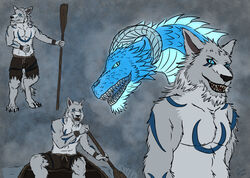  absurd_res anthro blue_body blue_scales boat canid canine canoe close-up clothing concept_art dire_wolf disguise dragon dragon_eye extinct feral fur hi_res leather leather_clothing male mammal markings mythological_creature mythological_scalie mythology oar prehistoric_species scales scalie secrets_of_uncrom sedric_(uncrom) sitting solo standing sundyr tail transformation transmogrification uncrom valtalska_dercas vehicle visha watercraft white_body white_fur yenocwolf 