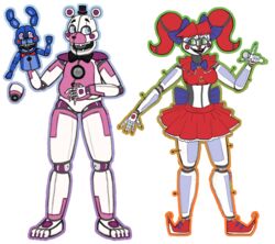  alpha_channel animatronic anthro bear blue_eyes bottomwear caloxya circus_baby_(fnaf) clothing clown dress eye_contact fangs female five_nights_at_freddy&#039;s funtime_freddy_(fnafsl) green_eyes group hair hi_res humanoid lagomorph leporid looking_at_another machine makeup male mammal puppet_bonnie_(fnafsl) purple_eyes rabbit red_clothing red_dress red_hair robot scottgames sister_location skirt teeth trio twintails two_piece 