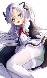  absurdres azur_lane black_dress blush center_frills clothes_lift commentary_request dress dress_lift female frills green_eyes green_panties hair_between_eyes hamiro highres long_hair long_sleeves looking_at_viewer lying necktie ognevoy_(azur_lane) on_side open_mouth panties panties_under_pantyhose pantyhose red_necktie school_uniform simple_background smile solo two-tone_dress underwear white_background white_dress white_hair white_pantyhose 