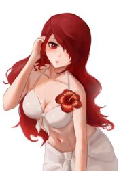  absurdres bikini blush breasts collarbone commentary commission cowboy_shot english_commentary eyelashes female flower front-tie_bikini_top front-tie_top hair_over_one_eye highres kirijou_mitsuru large_breasts leaning_forward long_hair looking_at_viewer n7grey navel official_alternate_costume one_eye_covered parted_bangs parted_lips persona persona_3 red_eyes red_flower red_hair sidelocks simple_background solo stomach swept_bangs swimsuit white_background white_bikini 