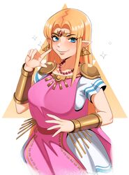  absurdres bangle blonde_hair blue_eyes bracelet dress earrings female gold_headband hair_behind_ear highres jewelry kevbot long_hair looking_at_viewer parted_bangs pink_dress pointy_ears princess_zelda smile solo the_legend_of_zelda the_legend_of_zelda:_a_link_between_worlds triforce triforce_earrings upper_body white_background white_dress 