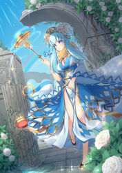  arch architecture argyle_clothes argyle_dress bad_id bad_pixiv_id bangle black_footwear blue_dress blue_eyes blue_hair blush bracelet breasts bush cleavage column commentary_request day dew_drop dress female flower full_body fur_collar hair_flower hair_ornament headdress high_ponytail holding holding_staff jewelry large_breasts leg_tattoo looking_at_viewer official_alternate_costume open_mouth orchid outdoors pelvic_curtain pillar plant ragnarok_online rainbow rifu_skr rose ruins short_hair_with_long_locks short_ponytail signature solo sorcerer_(ragnarok_online) sparkle staff standing tattoo vines water_drop white_dress white_flower 