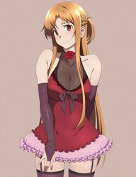  arm_at_side arm_behind_back asuna_(sao) bare_shoulders black_ribbon blush braid breasts brown_eyes brown_hair choker cleavage collarbone dress elbow_gloves female fingerless_gloves flower garter_straps gloves long_hair looking_at_viewer medium_breasts parted_bangs puge red_dress ribbon rose simple_background smile solo standing sword_art_online thighhighs very_long_hair zettai_ryouiki 