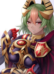  armor black_armor breastplate cloak dark-skinned_female dark_skin earrings feather_trim female fire_emblem fire_emblem_heroes gauntlets gradient_hair green_hair hair_ornament hand_up jewelry laegjarn_(fire_emblem) lipstick looking_at_viewer makeup medium_hair multicolored_hair orange_hair red_eyes solo ten_(tenchan_man) white_background 