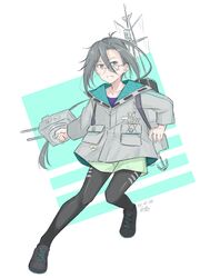  adapted_turret alternate_costume amagiri_(kancolle) amagiri_kai_ni_(kancolle) anchor asymmetrical_bangs black_pantyhose cannon commentary_request female full_body grey_eyes grey_hair grey_jacket grey_shorts hair_between_eyes hikashima_(shiofune) hood hooded_jacket hoodie jacket kantai_collection long_hair machinery official_alternate_costume pantyhose ponytail shorts simple_background smokestack solo turret very_long_hair white_background 