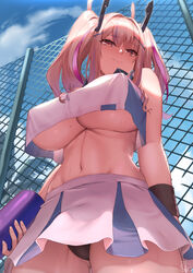  ass_visible_through_thighs azur_lane black_panties breasts bremerton_(azur_lane) bremerton_(scorching-hot_training)_(azur_lane) cloud commentary covered_nipples crop_top day female fence from_below highres huge_breasts kakeku long_hair looking_down navel no_bra official_alternate_costume outdoors panties pantyshot pink_hair sky smile solo sportswear sweat tennis_uniform twintails underboob underwear wristband 