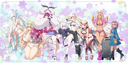  6+girls abs animal_ears animal_print antlers arm_up artoria_caster_(fate) artoria_caster_(swimsuit)_(fate) artoria_caster_(swimsuit)_(first_ascension)_(fate) artoria_pendragon_(fate) asymmetrical_clothes bandeau baobhan_sith_(fate) baobhan_sith_(swimsuit_pretender)_(fate) baobhan_sith_(swimsuit_pretender)_(first_ascension)_(fate) bare_shoulders barefoot barghest_(fate) barghest_(swimsuit_archer)_(fate) barghest_(swimsuit_archer)_(final_ascension)_(fate) baseball_cap bikini black_bikini black_footwear black_jacket black_pants blonde_hair blue_eyes blue_hair blue_jacket blue_skirt blush boots bracelet braid breasts cernunnos_(fate) character_hood chloe_von_einzbern chloe_von_einzbern_(swimsuit_avenger) chloe_von_einzbern_(swimsuit_avenger)_(first_ascension) choker circlet cleavage cnoc_na_riabh_(fate) cnoc_na_riabh_(swimsuit_foreigner)_(fate) collarbone commentary_request cropped_jacket dark-skinned_female dark_skin detached_sleeves dragon_wings eyewear_on_head fate/grand_order fate_(series) flower food forked_eyebrows fox_ears fox_girl full_body gold_trim gradient_hair green_eyes grey_eyes hair_between_eyes hair_flower hair_ornament hair_ribbon hat headwear_with_attached_mittens high_ponytail highres horns huge_breasts ice_cream jacket jewelry knee_boots kneeling large_breasts leaning_forward leggings leopard_print long_hair long_skirt long_sleeves looking_at_viewer medb_(fate) medium_breasts melusine_(fate) melusine_(swimsuit_ruler)_(fate) melusine_(swimsuit_ruler)_(first_ascension)_(fate) microskirt morgan_le_fay_(fate) morgan_le_fay_(water_princess)_(fate) multicolored_bikini multicolored_clothes multicolored_hair multiple_girls navel necklace one_eye_closed open_clothes open_jacket open_mouth orange_eyes pants pink_bikini pink_footwear pink_hair platform_footwear platform_heels pointy_ears ponytail puffy_long_sleeves puffy_sleeves red_skirt ribbon sakura_tsubame sandals shrug_(clothing) sidelocks single_pantsleg skirt small_breasts smile star_(symbol) stomach_tattoo sunglasses suzuka_gozen_(fate) suzuka_gozen_(swimsuit_rider)_(fate) suzuka_gozen_(swimsuit_rider)_(second_ascension)_(fate) swimsuit tail tan tattoo thighlet thighs twin_braids twintails very_long_hair white_bikini white_hair white_headwear white_jacket white_skirt wings yellow_eyes 