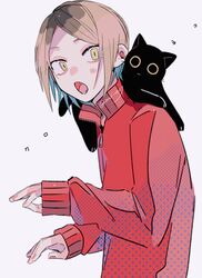  1boy :o animal_on_shoulder black_cat brown_eyes brown_hair cat_on_shoulder fangs feline haikyuu!! highres jacket kozume_kenma long_sleeves looking_at_viewer male_focus mikuwwwm multicolored_hair open_mouth short_hair simple_background sleeves_past_wrists twitter_username two-tone_hair upper_body 