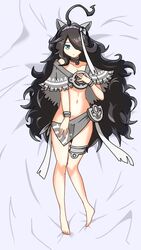  ahoge animal_ears aozorayukkuri aqua_eyes barefoot black_hair cat_ears dakimakura_(medium) embarrassed female hair_over_one_eye hand_on_own_chest highres jewelry kasli_(nyanko_daisensou) loincloth looking_at_viewer navel necklace nyanko_daisensou 