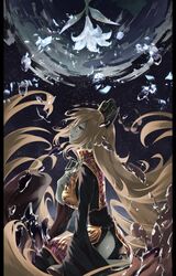  chinese_clothes cloud crying crying_with_eyes_open earth_(planet) female flower hair_between_eyes hand_on_own_chest highres junko_(touhou) junko_day lily_(flower) long_hair long_sleeves neck_ribbon on_ground orange_hair otomeza_ryuseigun phoenix_crown planet protected_link red_eyes ribbon side_slit sitting sky solo star_(sky) starry_sky tabard tassel tears touhou very_long_hair water wide_sleeves yellow_ribbon 