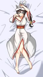  animal_ears aozorayukkuri barefoot black_hair blue_eyes blush breasts butterfly_hair_ornament cat_ears dakimakura_(medium) female hair_ornament hand_over_face highres japanese_clothes kimono looking_at_viewer mitama_(nyanko_daisensou) nyanko_daisensou ponytail smile 