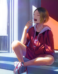  1boy blonde_hair closed_eyes haikyuu!! highres hood hoodie jersey kamachilico kozume_kenma long_sleeves male_focus open_mouth parted_bangs red_hoodie red_shorts shoes short_hair shorts sitting solo yawning 