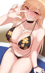  bikini black_bikini blonde_hair blush bracelet breasts choker cleavage collarbone earrings female floral_print flower_bikini grin highres jewelry kitagawa_marin large_breasts long_hair looking_at_viewer multiple_earrings nail_polish navel necklace print_bikini red_eyes red_nails ring sitting skindentation smile solo sono_bisque_doll_wa_koi_wo_suru swimsuit utsumi_karmin v wide_hips 