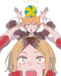  2boys :o arms_up ball haikyuu!! highres hinata_shouyou kozume_kenma male_focus mikuwwwm multiple_boys open_mouth orange_eyes orange_hair short_hair simple_background teeth twitter_username upper_body volleyball volleyball_(object) yellow_eyes 