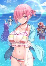  1boy 4girls arms_up artoria_pendragon_(fate) ball bb_(fate) bb_(swimsuit_mooncancer)_(fate) beachball bikini black_shirt blonde_hair blue_jacket blue_sky breasts closed_mouth cloud collarbone commentary_request day fate/grand_order fate_(series) floral_print hair_ornament hair_over_one_eye highres horizon jacket kanikou lancelot_(fate/grand_order) large_breasts long_hair looking_at_viewer mash_kyrielight mash_kyrielight_(swimsuit_of_perpetual_summer_ver.02) multiple_girls mysterious_heroine_xx_(fate) navel ocean official_alternate_costume open_clothes open_jacket outdoors partial_commentary pink_hair print_shirt purple_eyes purple_hair red_hair shirt short_hair side-tie_bikini_bottom sky solo_focus standing star_(symbol) star_hair_ornament striped_bikini striped_clothes sunglasses sunlight swimsuit tristan_(fate) very_long_hair wet wet_hair white_bikini 