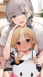  2girls aged_down ahoge alternate_costume asymmetrical_hair bare_legs barefoot black_shorts blonde_hair blue_ribbon blurry blurry_background blush braid braided_ponytail casual commentary couch dark-skinned_female dark_skin finger_to_mouth foot_out_of_frame french_braid green_eyes grey_hair hair_between_eyes hair_over_shoulder hair_ribbon head_tilt highres hololive indoors kintsuba_(shiranui_flare) lolicon looking_at_viewer medium_hair multicolored_hair multiple_girls niii_(memstapak) open_mouth orange_eyes parted_lips pointy_ears ribbon shiranui_flare shirogane_noel shirt short_hair short_shorts short_sleeves shorts sitting sitting_on_lap sitting_on_person smile streaked_hair stuffed_cow sunlight symbol-only_commentary two-tone_hair virtual_youtuber wariza white_hair white_shirt 