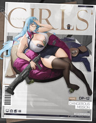  animal_ear_request artist_request barcode bean_bag_chair belt belt_buckle between_breasts black_pantyhose blue_hair blue_jacket blue_necktie blue_skirt breasts brown_eyes buckle character_name clothes_pull commentary copyright_name dinergate_(girls&#039;_frontline) dp-12_(dangerous_mission)_(girls&#039;_frontline) dp-12_(girls&#039;_frontline) english_commentary feet female full_body girls&#039;_frontline glasses gun hand_on_own_head highres holding holding_gun holding_weapon huge_breasts jacket jacket_removed lanyard long_hair long_sleeves loose_necktie lying necktie no_shoes office_lady official_alternate_costume official_art on_back pantyhose pantyhose_pull paperclip parted_lips partially_unzipped pencil_skirt promotional_art rectangular_eyewear sangvis_ferri second-party_source semi-rimless_eyewear shirt shrug_(clothing) skirt sleeveless sleeveless_shirt smoke_grenade solo standard_manufacturing_dp-12 toes under-rim_eyewear very_long_hair watch weapon white_shirt wristwatch zzz 