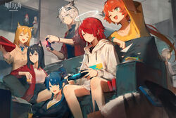  6+girls alternate_costume anger_vein animal_ears anniversary arknights controller couch cow_horns croissant_(arknights) demon_horns emperor_(arknights) exusiai_(arknights) fiammetta_(arknights) game_console game_controller halo highres horns huanxiang_heitu indoors lappland_(arknights) mayer_(arknights) mostima_(arknights) multiple_girls nian_(arknights) official_art penguin_logistics_(arknights) playing_games red_hair scar scar_across_eye scar_on_face sora_(arknights) texas_(arknights) wolf_ears 