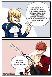  1boy ahoge artoria_pendragon_(all) bangs bare_pecs blade blonde_hair blue_dress braid dress emiya_shirou english_commentary english_text eyebrows_visible_through_hair fate/grand_order fate_(series) female gorgenzolla green_eyes hair_ribbon highres limited/zero_over red_hair ribbon saber sengo_muramasa_(fate) single_sleeve sword toned toned_male tongs weapon yellow_eyes 