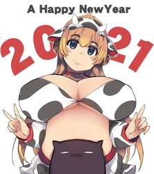  2021 absurdres animal_costume animal_ears animal_print bell bikini blacksmith_(ragnarok_online) blonde_hair blue_eyes blush breasts chinese_zodiac choker cleavage closed_mouth commentary_request cow_costume cow_ears cow_girl cow_horns cow_print cow_tail cowbell detached_sleeves deviruchi english_text eyes_visible_through_hair female hair_between_eyes highres horns huge_breasts long_hair looking_at_viewer mil_(xration) new_year plump print_bikini print_skirt ragnarok_online simple_background skirt smile solo_focus stomach swimsuit tail upper_body v very_long_hair white_background year_of_the_ox 