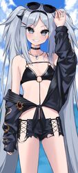  adjusting_eyewear alchemy_stars arm_up bare_shoulders bikini black_eyes black_jacket black_shorts blurry blurry_background breasts choker cloud collarbone commission eyewear_on_head feet_out_of_frame female grey_hair grin hair_ornament hairband hairclip highres jacket jewelry kuronosu_(yamada1230) long_hair looking_at_viewer necklace o-ring o-ring_bikini o-ring_top outdoors scar scar_across_eye short_shorts shorts skeb_commission small_breasts smile smokey_(alchemy_stars) solo standing sunglasses swimsuit twintails very_long_hair 